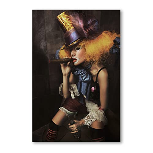 Postereck - 0444 - Weiblicher Clown, Zigarre Alkohol Rauchen Frau - Wandposter Fotoposter Bilder Wandbild Wandbilder - Leinwand - 100,0 cm x 75,0 cm von Postereck