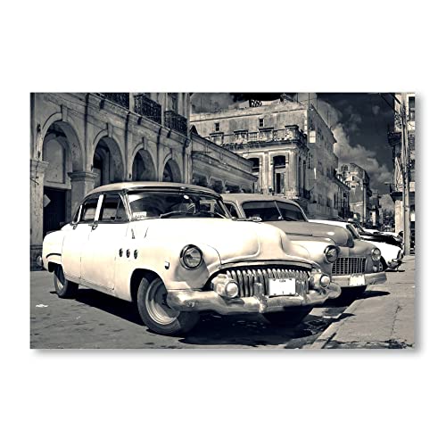 Postereck - 0462 - Oldtimer, Kuba Auto Schwarz Weiss Havanna Vintage - Fahrzeug Wandposter Fotoposter Bilder Wandbild Wandbilder - Leinwand - 100,0 cm x 75,0 cm von Postereck