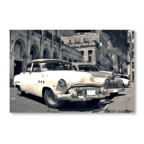Postereck - 0462 - Oldtimer, Kuba Auto Schwarz Weiss Havanna Vintage - Wandposter Fotoposter Bilder Wandbild Wandbilder - Leinwand - 60,0 cm x 40,0 cm von Postereck