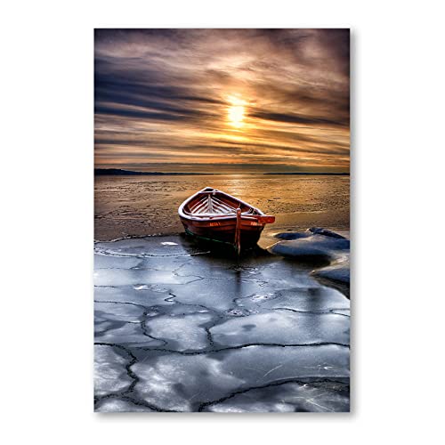 Postereck - 0653 - Holzboot, Eis See Winter Boot Meer Natur Sonne - Wandposter Fotoposter Bilder Wandbild Wandbilder - Leinwand - 40,0 cm x 30,0 cm von Postereck