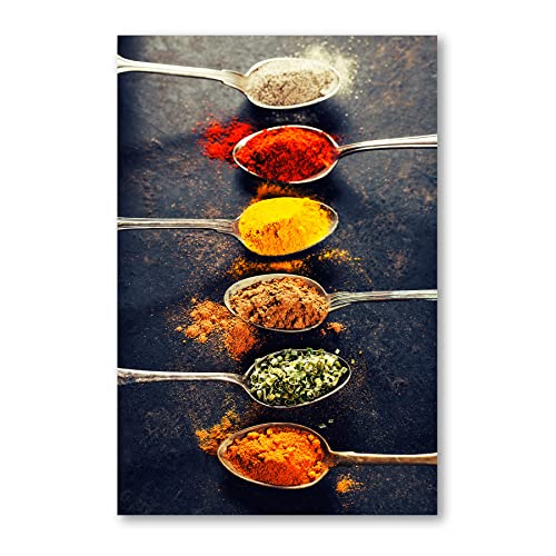 Postereck - 0723 - Gewürze, Küche Rot Grün Gelb Löffel Kochen Würzen - Wandposter Fotoposter Bilder Wandbild Wandbilder - Leinwand - 100,0 cm x 75,0 cm von Postereck