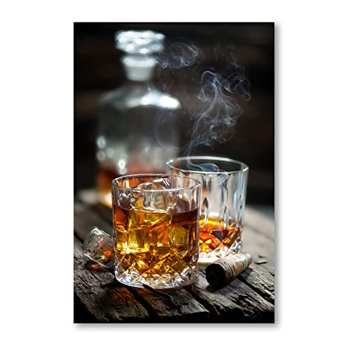 Postereck - 2776 - Whisky, Zigarre Glas Eis Rauchen Alkohol Rauch - Wandposter Fotoposter Bilder Wandbild Wandbilder - Leinwand - 60,0 cm x 40,0 cm von Postereck