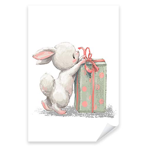 Postereck - 3625 - Süßer Hase mit Geschenk Poster Kinderzimmer | Geschenk und Hase |Kinderzimmer Deko für Jungen und Mädchen | Hasen Kinderbild Wandposter - Poster - 3:2-30,0 cm x 20,0 cm von Postereck