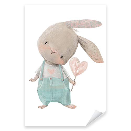 Postereck - 3639 - Süßer Hase mit Lolli Poster Kinderzimmer | Hase mit Herzlolli |Kinderzimmer Deko für Jungen und Mädchen | Hasen Kinderbild Wandposter - Poster - 3:2-30,0 cm x 20,0 cm von Postereck