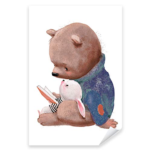 Postereck - 3640 - Süßer Hase & Bär kuscheln Poster Kinderzimmer | Hase & Bär kuscheln beim lesen | Kinderzimmer Deko | Hasen Kinderbild Wandposter - Poster - 3:2-91,0 cm x 61,0 cm von Postereck