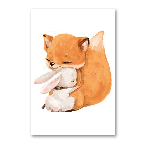 Postereck - 4066 - Süßee Hase mit Fuchs Poster Kinderzimmer | Hase kuschelt mit Fuchs | Kinderzimmer Deko für Jungen und Mädchen | Hasen Kinderbild Wandposter - Poster - DIN A4-21,0 cm x 29,7 cm von Postereck