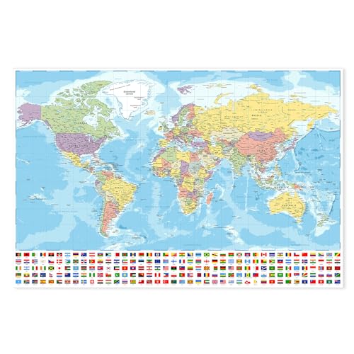Postereck - 4086 - Weltkarte: Ländergrenzen, Städte & Flaggen. - Wandposter Fotoposter Bild Wandbild Wanddeko deko - Poster - 3:2-91,0 cm x 61,0 cm von Postereck