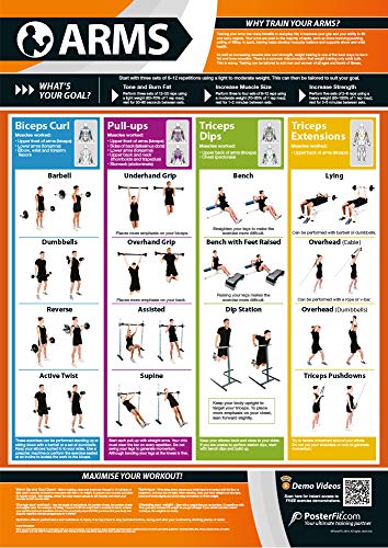 Armübung | Ganzarm-Workout | Verbessert Krafttraining | Laminiertes Poster für Fitnessstudio und Zuhause | Inklusive Online-Video-Trainingsunterstützung | Größe – 841 mm x 594 mm (A1) | Verbessert die persönliche Fitness von Posterfit