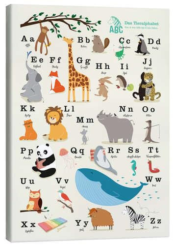 ABC Leinwandbild Kinder mit Buchstaben und 26 farbenfrohen Tieren - gerahmtes Alphabet Leinwand Bild 20x30cm (inklusive Wandhalterung) für Kinderzimmer, Kindergarten, Vorschule und Schule von Posterlounge