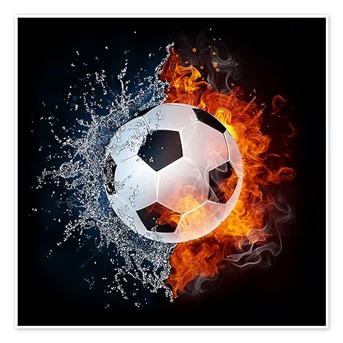 Der Fußball im Kampf der Elemente Poster 70 x 70 cm Geschenkideen Wanddeko von Posterlounge