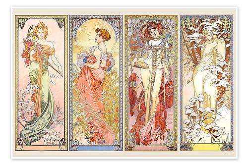 Die Vier Jahreszeiten Poster von Alfons Mucha 150 x 100 cm Bunt Jugendstil Wanddeko von Posterlounge
