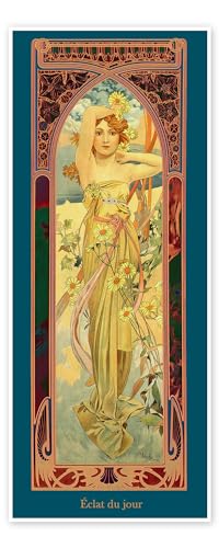 Die Vier Tageszeiten - Tagesschein (Éclat du jour) Poster von Alfons Mucha 20 x 50 cm Petrol Jugendstil Wanddeko von Posterlounge