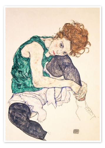 Sitzende Frau mit hochgezogenem Knie Poster von Egon Schiele 30 x 40 cm Beige Expressionismus Wanddeko von Posterlounge