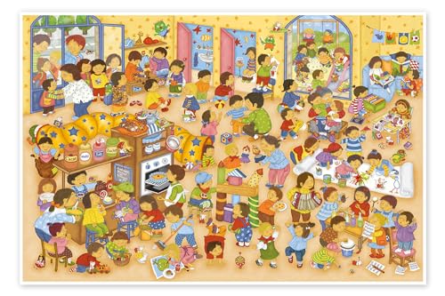 Ein Tag im Kindergarten Poster von Marion Krätschmer 90 x 60 cm Orange Wimmelbilder Wanddeko von Posterlounge