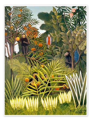 Exotische Landschaft mit Affen und einem Papagei Poster von Henri Rousseau 30 x 40 cm Grün Naive Kunst Wanddeko von Posterlounge