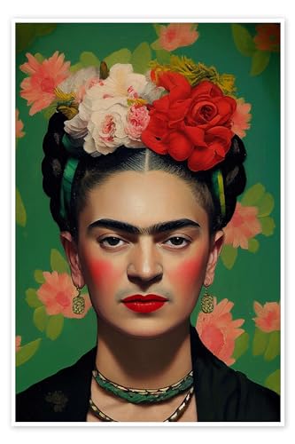 Frida Kahlo mit Blumen im Haar Poster von Olga Telnova Wandbilder für jeden Raum 100 x 150 cm Grün Menschen Wanddeko von Posterlounge