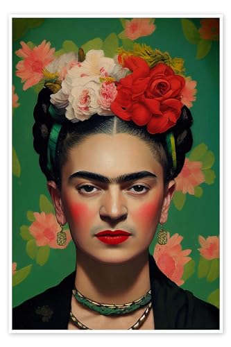 Frida Kahlo mit Blumen im Haar Poster von Olga Telnova Wandbilder für jeden Raum 40 x 60 cm Grün Menschen Wanddeko von Posterlounge