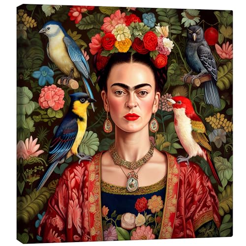 Frida Kahlo mit exotischen Vögeln Leinwandbild von Mark Ashkenazi Wandbilder für jeden Raum 50 x 50 cm Bunt Figurative Kunst Wanddeko von Posterlounge