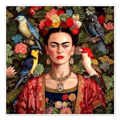 Frida Kahlo mit exotischen Vögeln Poster von Mark Ashkenazi Wandbilder für jeden Raum 50 x 50 cm Bunt Figurative Kunst Wanddeko von Posterlounge