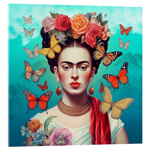 Frida Kahlo und fliegende Schmetterlinge Acrylglasbild von Mark Ashkenazi Wandbilder für jeden Raum 70 x 70 cm Bunt Figurative Kunst Wanddeko von Posterlounge