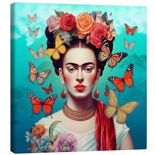 Frida Kahlo und fliegende Schmetterlinge Leinwandbild von Mark Ashkenazi Wandbilder für jeden Raum 30 x 30 cm Bunt Figurative Kunst Wanddeko von Posterlounge