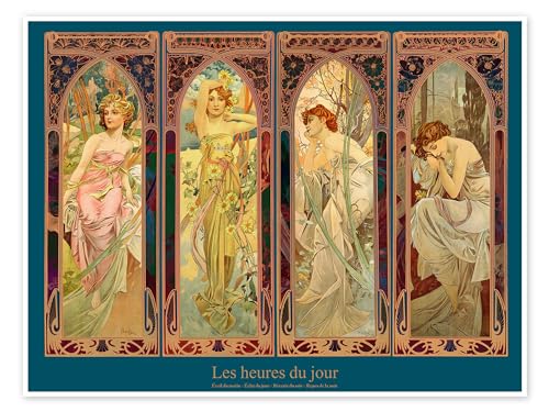 Les heures du jour (Die Vier Tageszeiten) Poster von Alfons Mucha 120 x 90 cm Petrol Jugendstil Wanddeko von Posterlounge