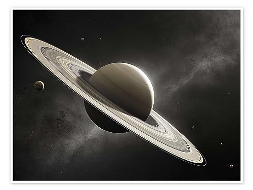 Planet Saturn mit Monden Poster von Johan Swanepoel Wandbilder für jeden Raum 90 x 70 cm Schwarz-Weiß Concept Art Wanddeko von Posterlounge