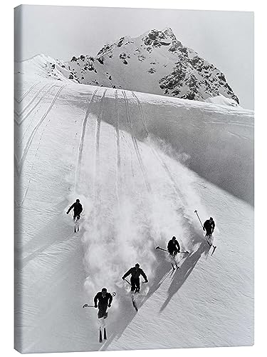 Posterlounge Abfahrtslauf in den Schweizer Alpen Leinwandbild von Vintage Ski Collection 50 x 70 cm Schwarz-Weiß Nostalgie Wanddeko von Posterlounge