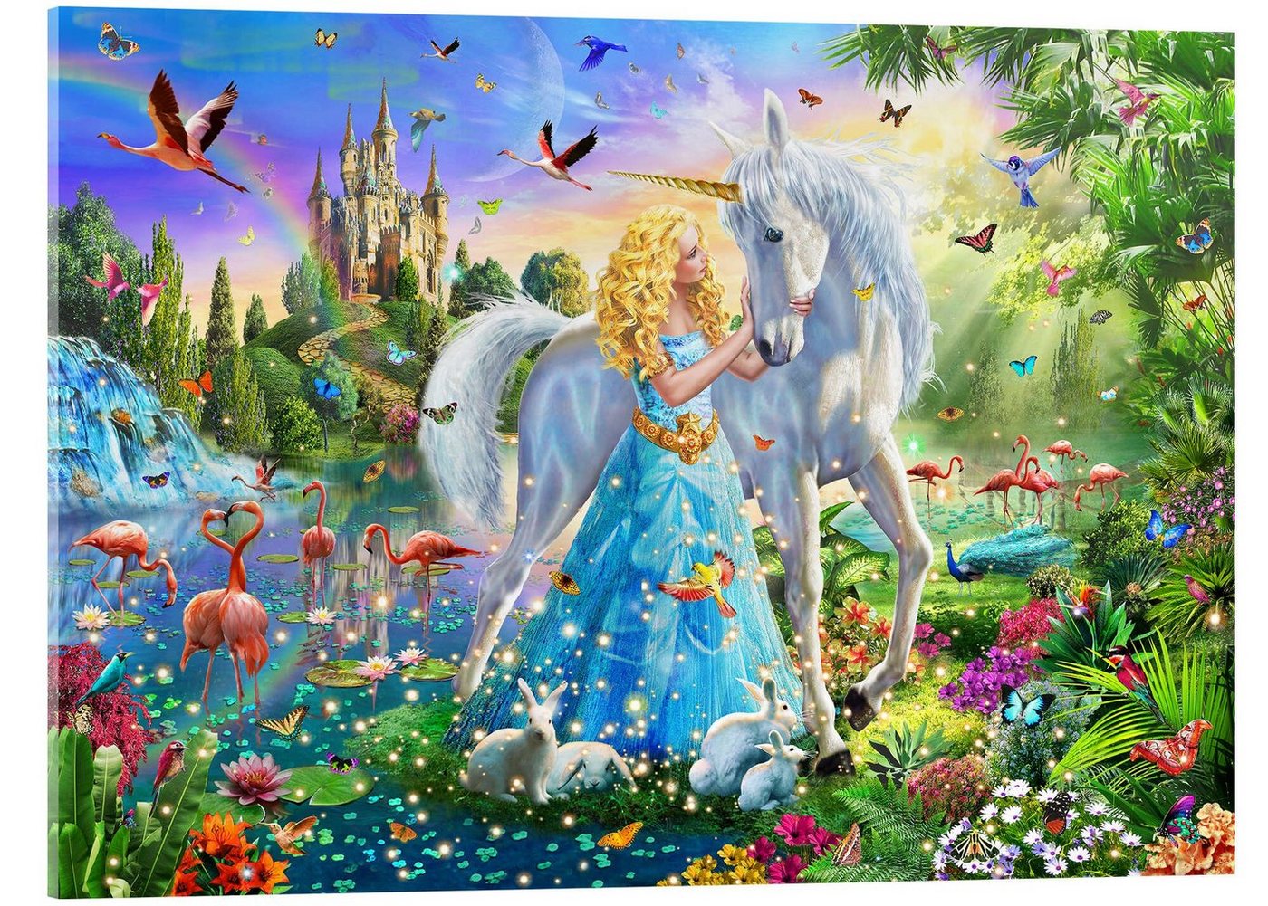 Posterlounge Acrylglasbild Adrian Chesterman, Die Prinzessin, das Einhorn und das Schloss, Kindergarten Illustration von Posterlounge