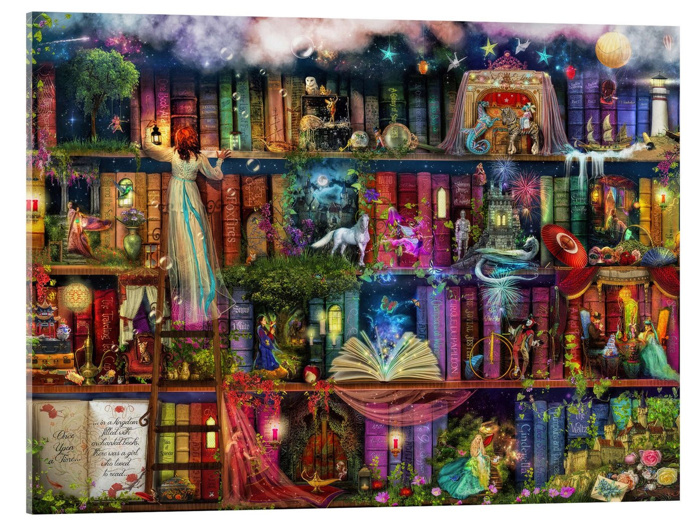 Posterlounge Acrylglasbild Aimee Stewart, Das Bücherregal voller Märchen, Jungenzimmer Illustration von Posterlounge