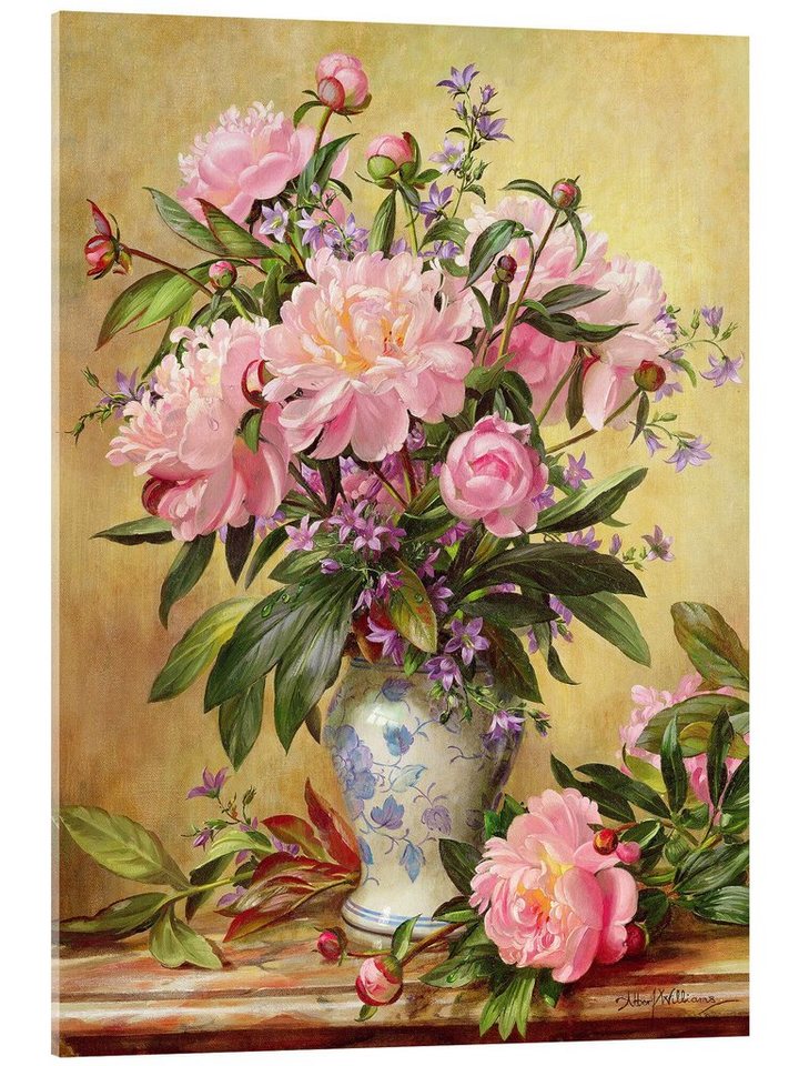 Posterlounge Acrylglasbild Albert Williams, Vase mit Pfingstrosen und Glockenblumen, Malerei von Posterlounge