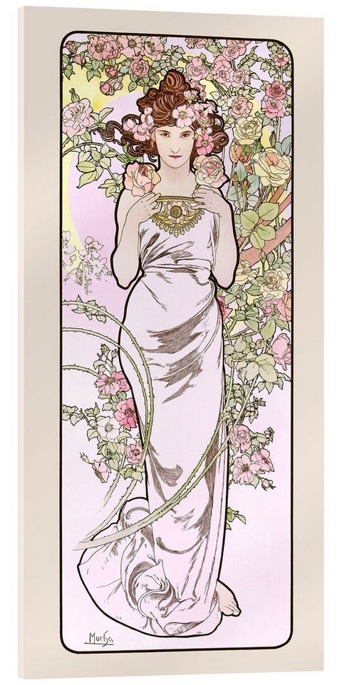 Posterlounge Acrylglasbild Alfons Mucha, Die Blumen - Rose, Malerei von Posterlounge
