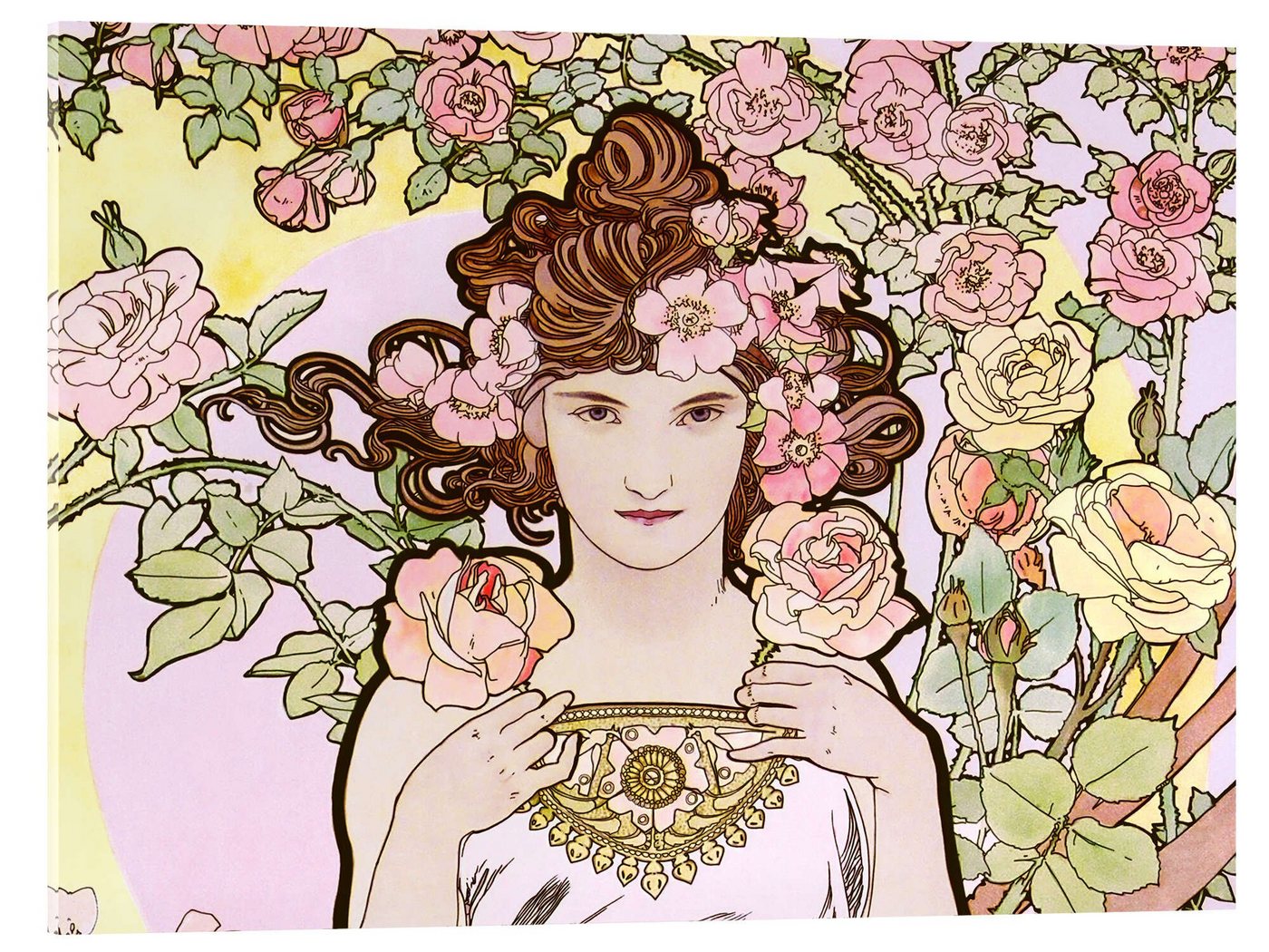 Posterlounge Acrylglasbild Alfons Mucha, Die Blumen - Rose (Detail) I, Malerei von Posterlounge