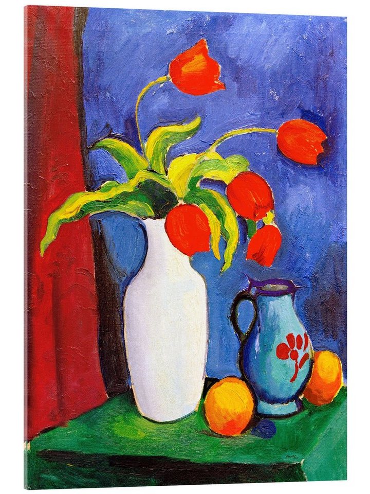 Posterlounge Acrylglasbild August Macke, Rote Tulpen in weißer Vase, Malerei von Posterlounge