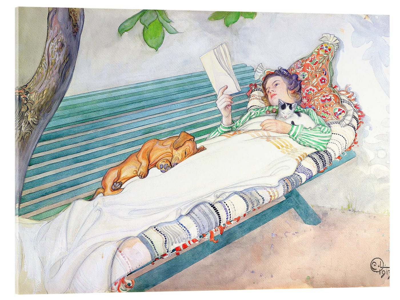 Posterlounge Acrylglasbild Carl Larsson, Auf einer Bank liegende Frau, Wohnzimmer Landhausstil Malerei von Posterlounge