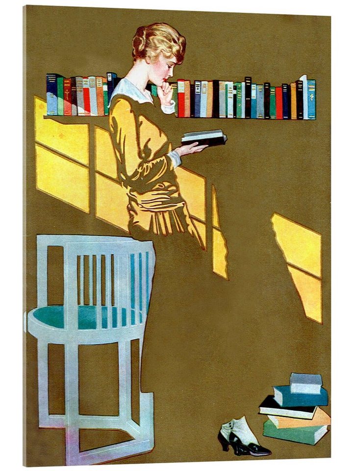 Posterlounge Acrylglasbild Clarence Coles Phillips, Lesen vor dem Bücherregal, Wohnzimmer Vintage Illustration von Posterlounge