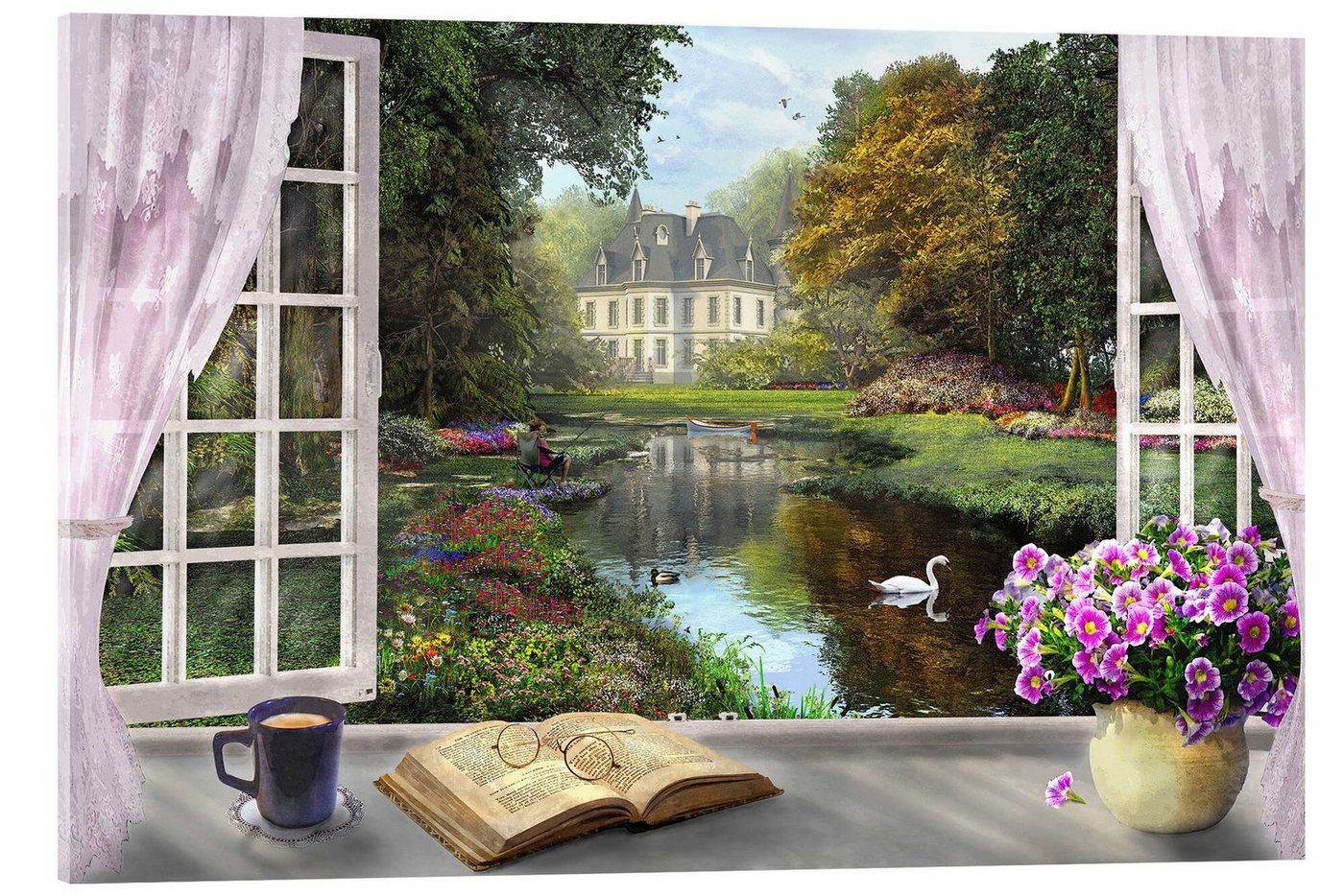 Posterlounge Acrylglasbild Dominic Davison, Fenster mit idyllischem Blick, Landhausstil Illustration von Posterlounge