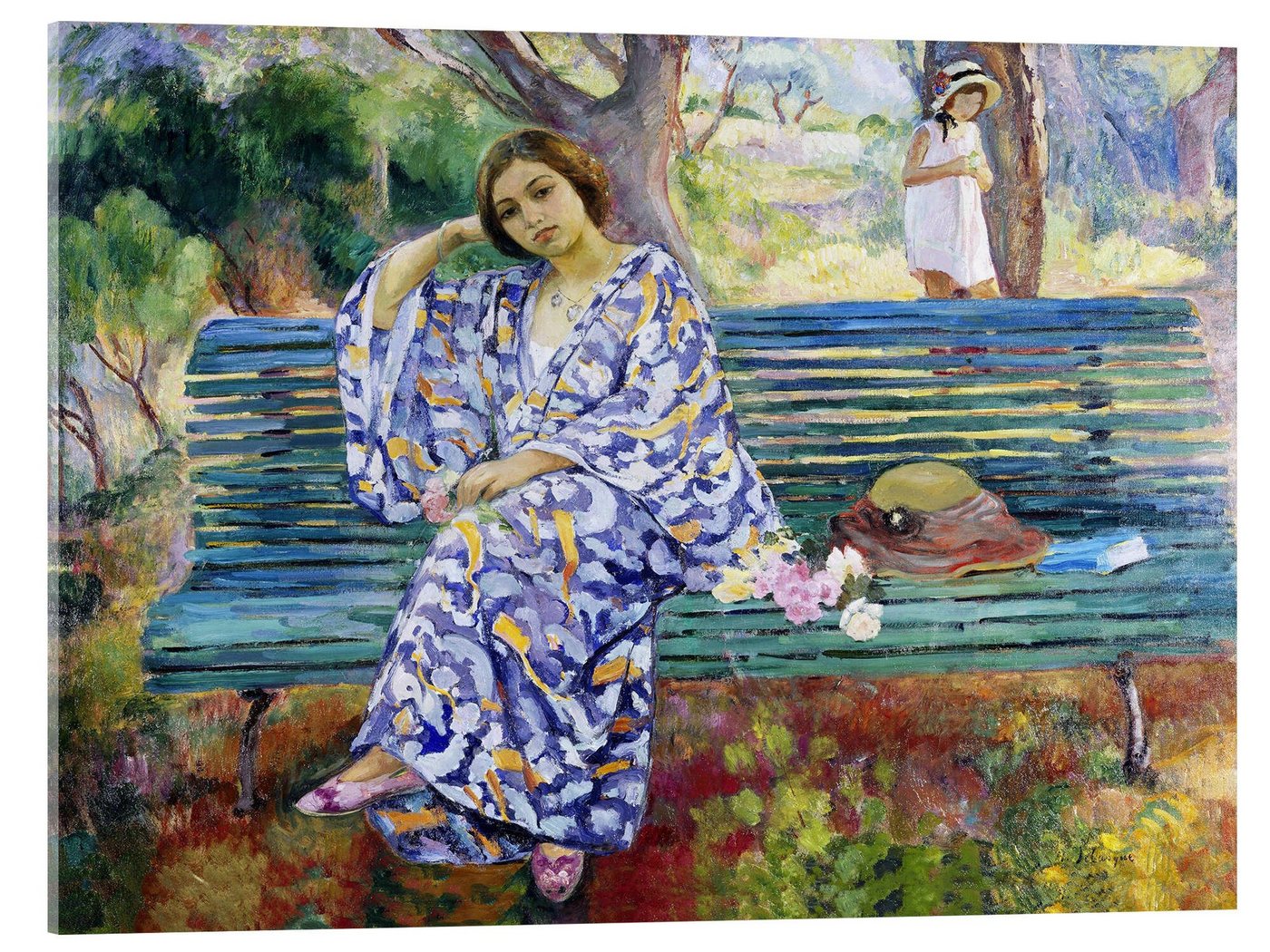 Posterlounge Acrylglasbild Henri Lebasque, Junge Frau, die auf einer Bank sitzt, Malerei von Posterlounge