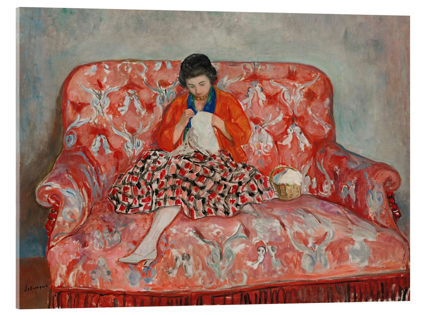 Posterlounge Acrylglasbild Henri Lebasque, Junges Mädchen Näht Auf Einem Sofa, Malerei von Posterlounge