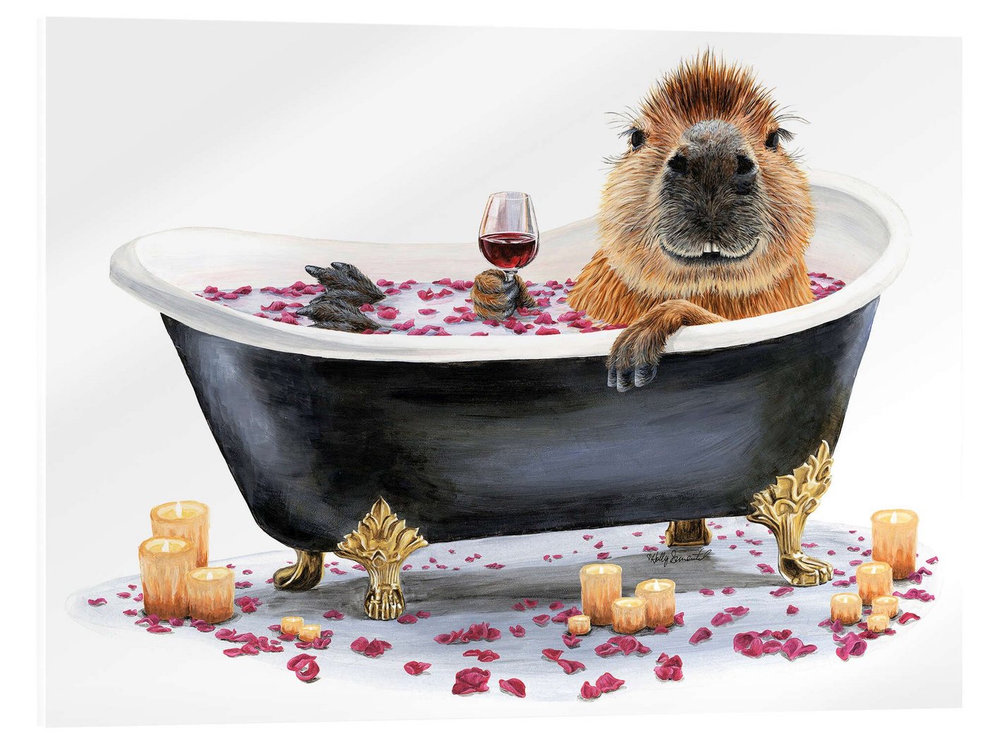 Posterlounge Acrylglasbild Holly Simental, Happy Capybara Bath, Badezimmer Illustration von Posterlounge