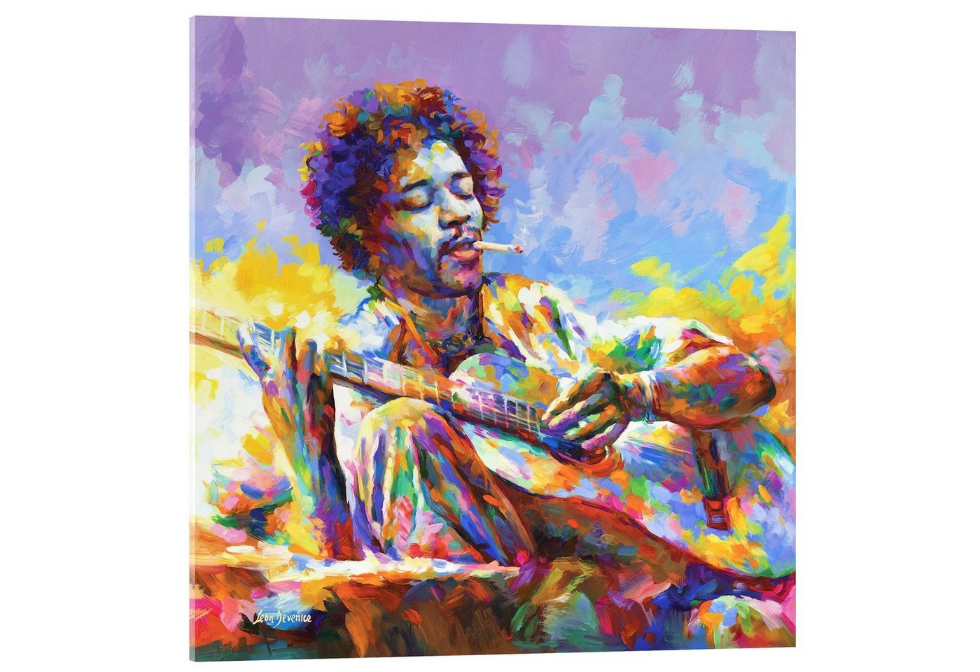 Posterlounge Acrylglasbild Leon Devenice, Jimi Hendrix an der Guitarre, Wohnzimmer Modern Malerei von Posterlounge