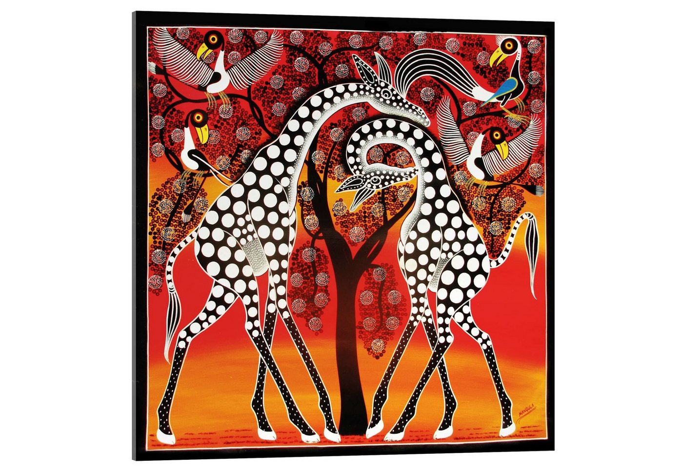 Posterlounge Acrylglasbild Mangula, Giraffen schmusen unterm Baum, Malerei von Posterlounge