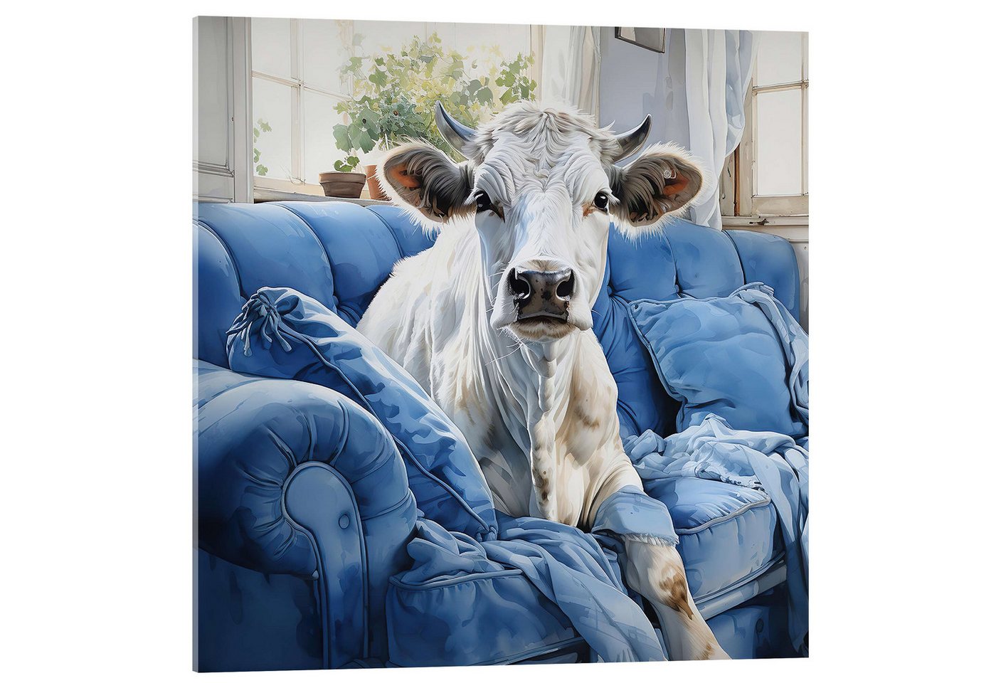 Posterlounge Acrylglasbild Ryley Gray, Süße Kuh auf blauer Couch, Kinderzimmer Illustration von Posterlounge