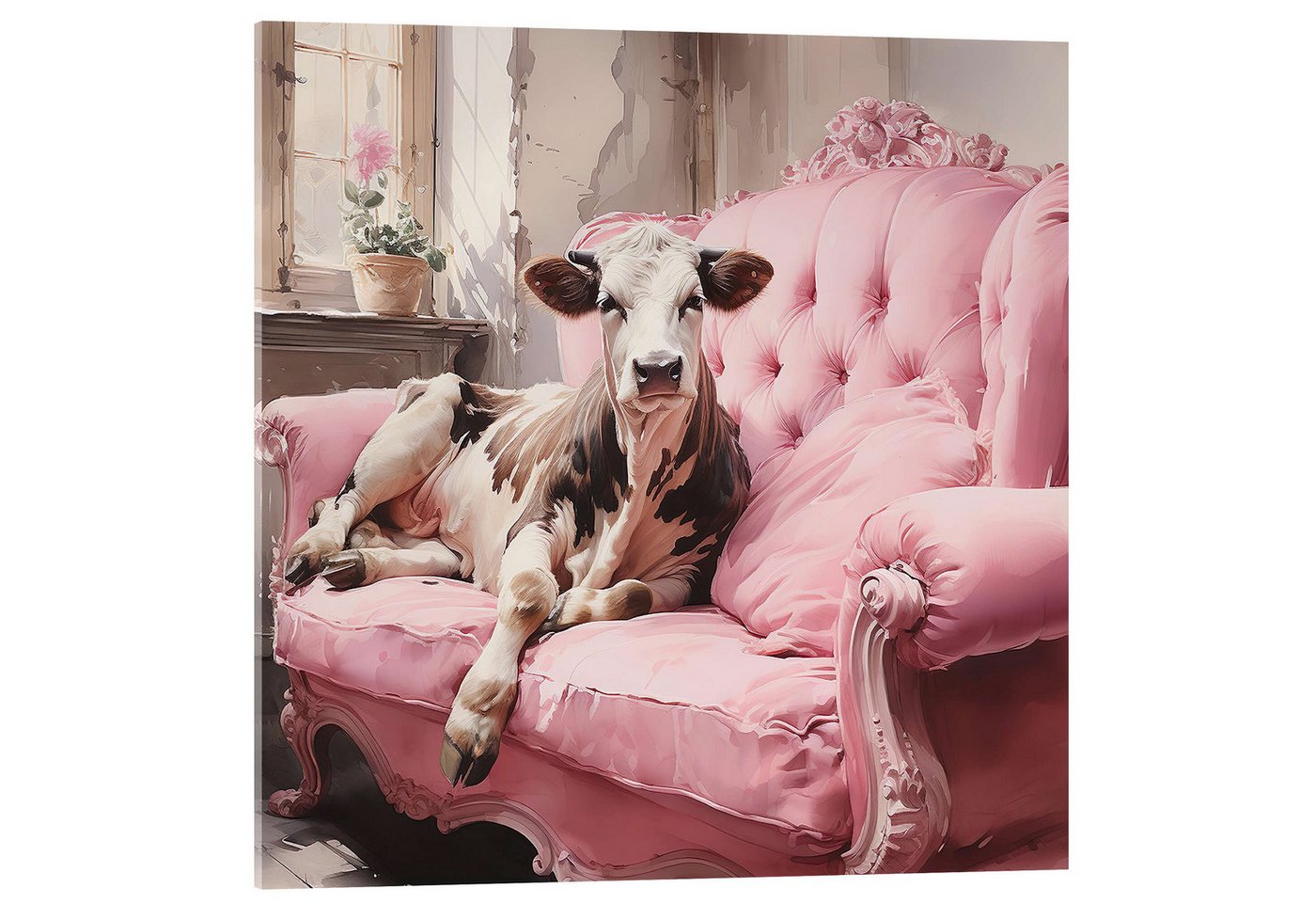 Posterlounge Acrylglasbild Ryley Gray, Süße Kuh auf rosa Couch, Kinderzimmer Illustration von Posterlounge