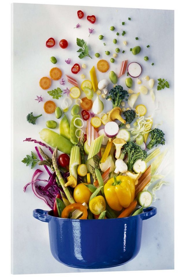 Posterlounge Acrylglasbild Science Photo Library, Gemüse fällt in einen Topf, Küche Fotografie von Posterlounge