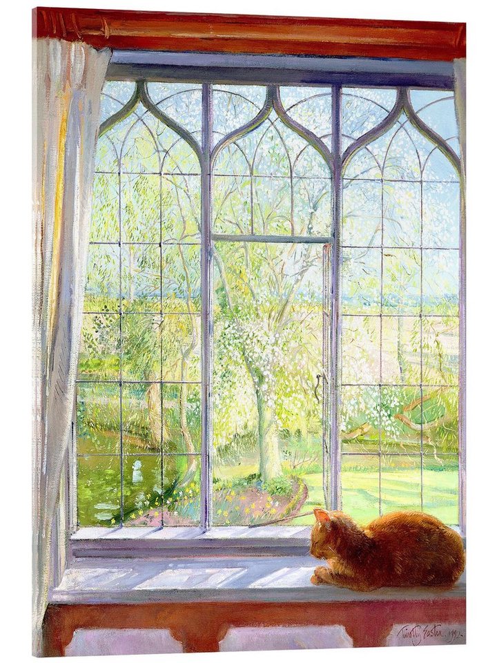 Posterlounge Acrylglasbild Timothy Easton, Katze im Fenster im Frühling, Malerei von Posterlounge