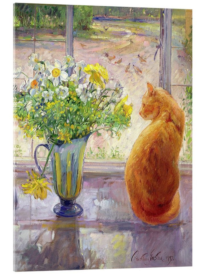 Posterlounge Acrylglasbild Timothy Easton, Katze mit Blumen im Fenster, Küche Malerei von Posterlounge