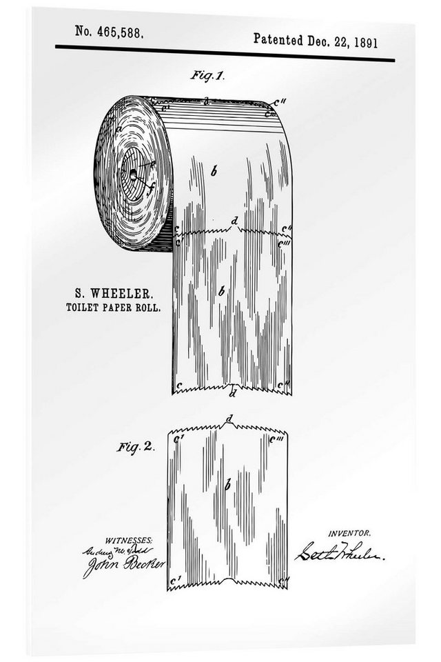 Posterlounge Acrylglasbild Typobox, Vintage-Patent Toilettenpapier (englisch), Badezimmer Vintage Illustration von Posterlounge
