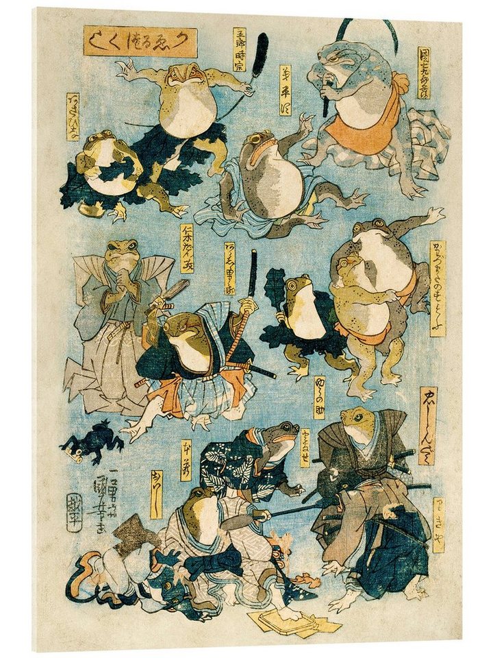 Posterlounge Acrylglasbild Utagawa Kuniyoshi, Berühmte Helden der Kabuki-Bühne, gespielt von Fröschen, Wohnzimmer Japandi Illustration von Posterlounge