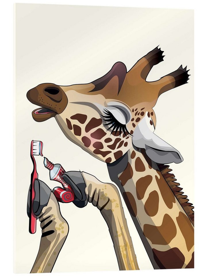 Posterlounge Acrylglasbild Wyatt9, Giraffe beim Zähneputzen, Badezimmer Illustration von Posterlounge